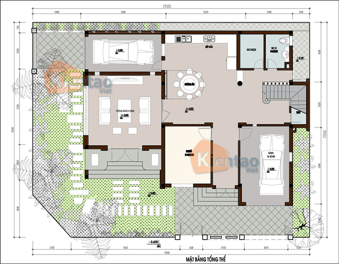 Mặt bằng tầng 1 - Mẫu thiết kế nhà đẹp ô góc 2 mặt tiền cao 3 tầng 140m2 có 2 gara để xe