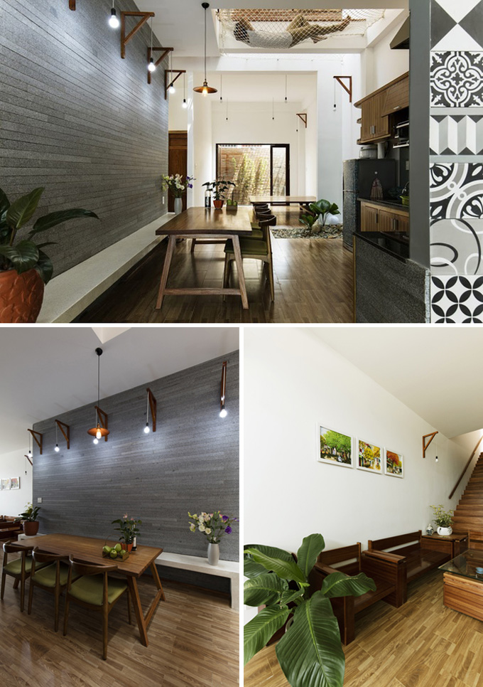 Phối cảnh nội thất phòng khách, bếp+ăn của mẫu thiết kế nhà ống 3 tầng độc đáo tại Nha Trang 