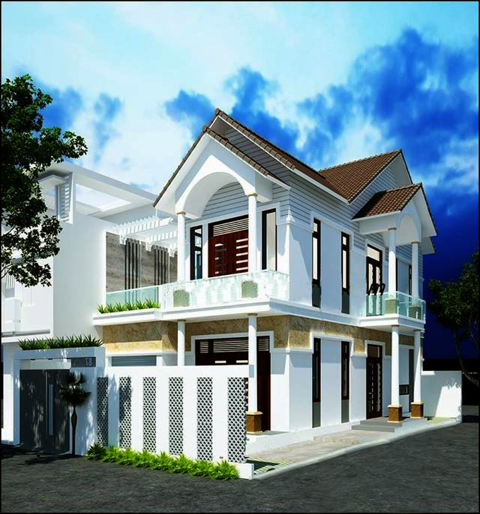 Thiết kế nhà đẹp 2 tầng 120m2 kiểu biệt thự bán cổ điển trẻ trung - Phối cảnh kiến trúc