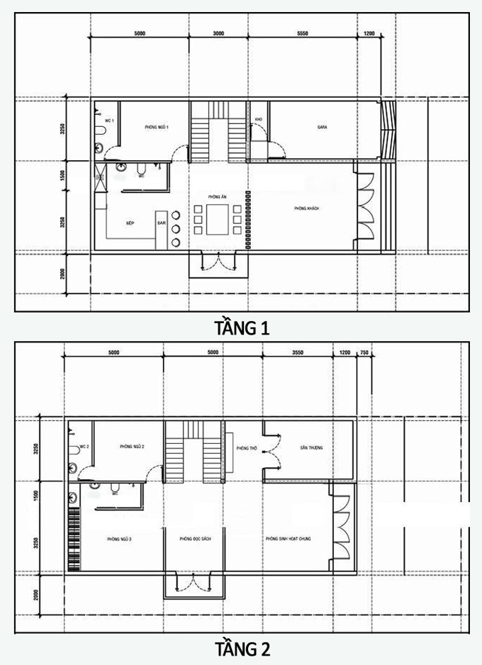 Thiết kế nhà đẹp 2 tầng 120m2 kiểu biệt thự bán cổ điển trẻ trung - Mặt bằng tầng 1+2