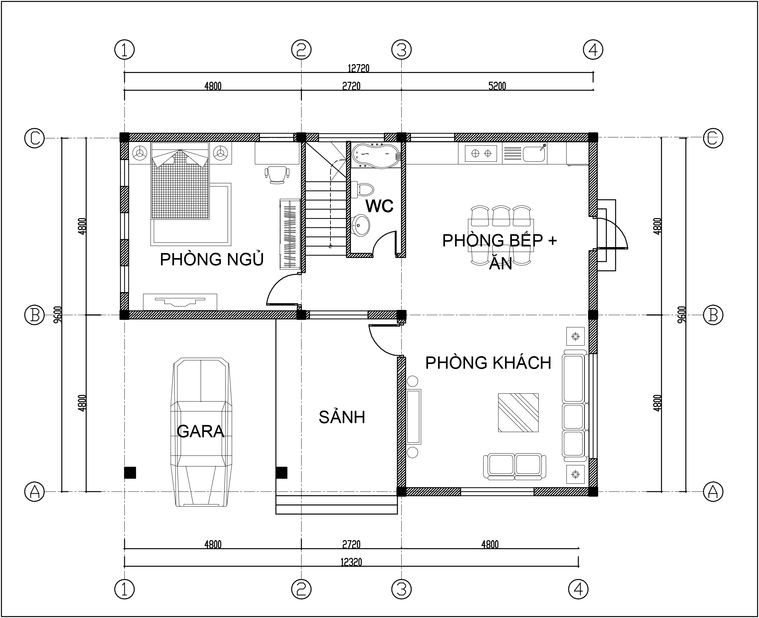 Mặt bằng tầng 1 mẫu biệt thự cách tân đẹp 2 tầng mái thái