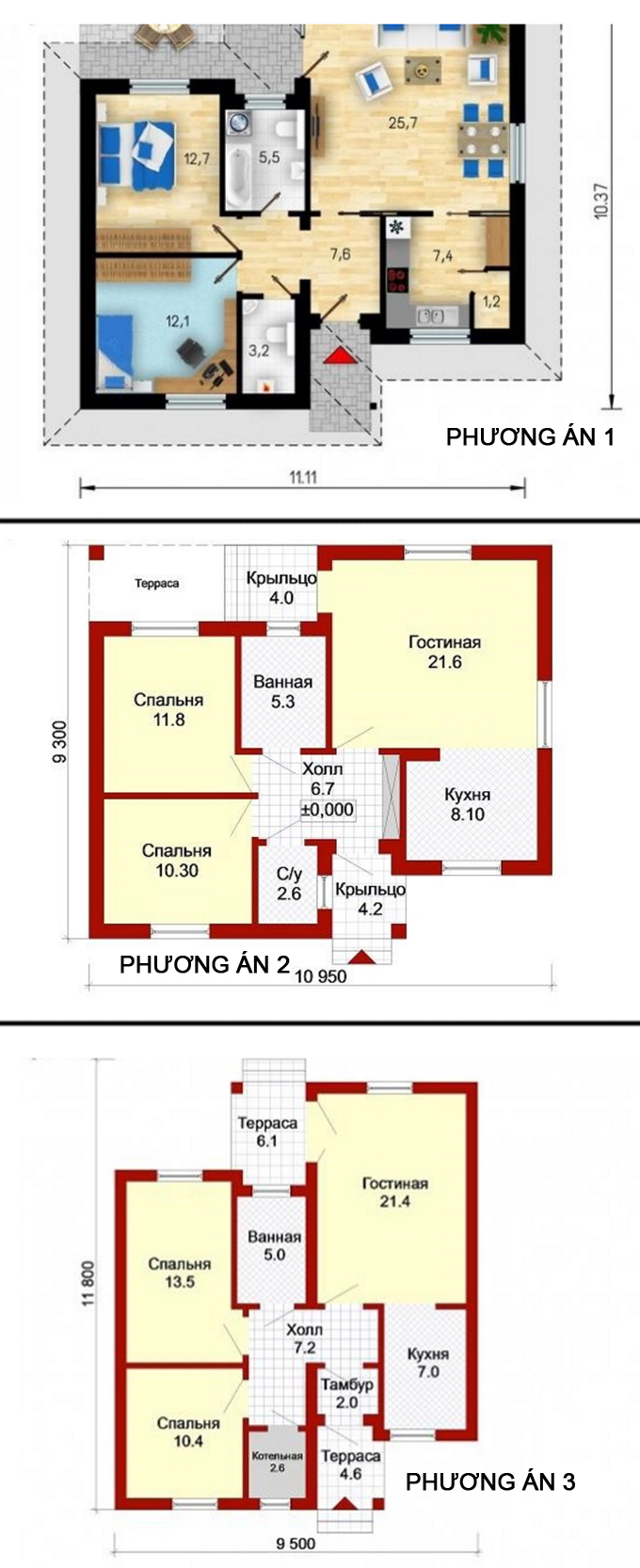 3 mẫu mặt bằng diện tích khác nhau - Thiết kế mẫu nhà đẹp cấp 4 rộng 10x11m kiểu nhà vườn