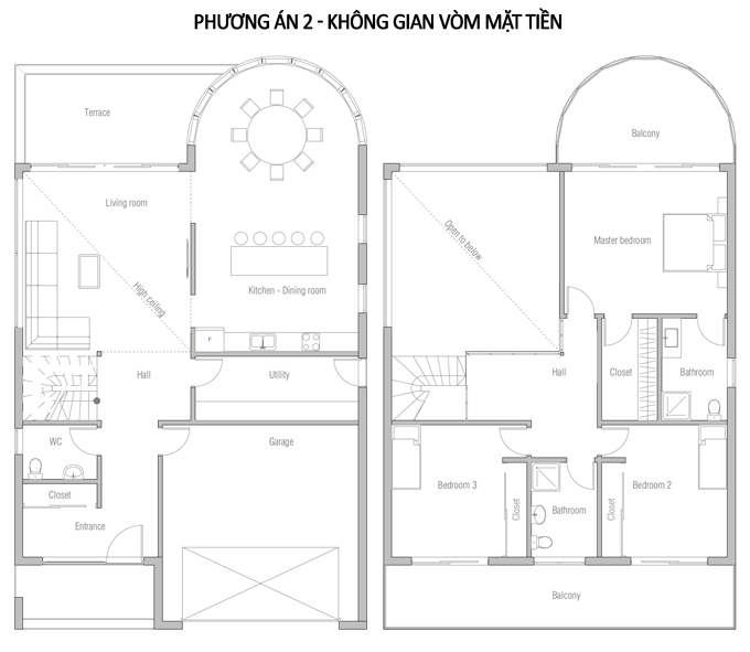 Thiết kế nhà đẹp 2 tầng hiện đại rộng 10x16m - MB Phương án 2 - Hiên khép kín khối bán nguyệt
