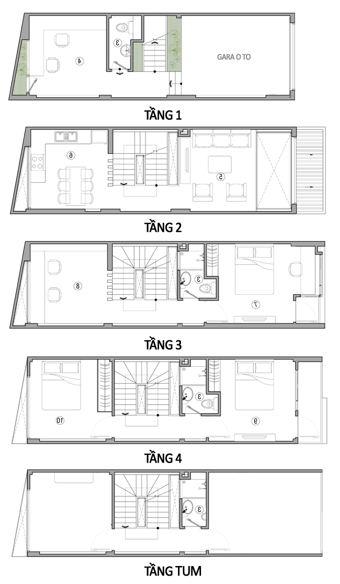 Mặt bằng mẫu nhà đẹp 4 tầng 1 tum 4x13,5m hiện đại với kiểu dáng hình khối tối giản