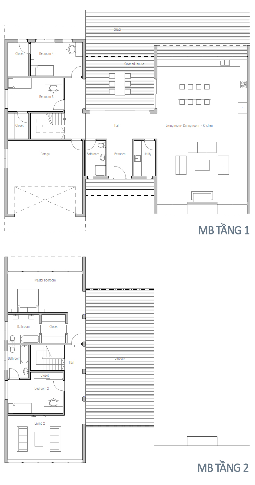 Mặt bằng tầng 1+2 của mẫu nhà đẹp kiểu biệt thự 2 tầng 21x15m