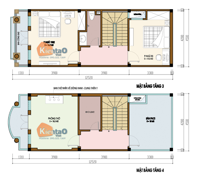 Mặt bằng công năng tầng 3+4 - Nhà phố 4 tầng tân cổ điển 4,5×12,2m chi phí 1,2 tỷ tại Long Biên, Hà Nội