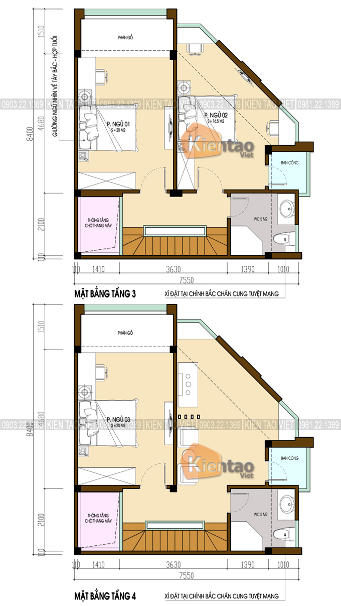 Bản vẽ mặt bằng tầng 3+4 - Mẫu nhà phố lô góc 4 tầng 41,5m2 chi phí 970 triệu ở Hà Đông - NP 106