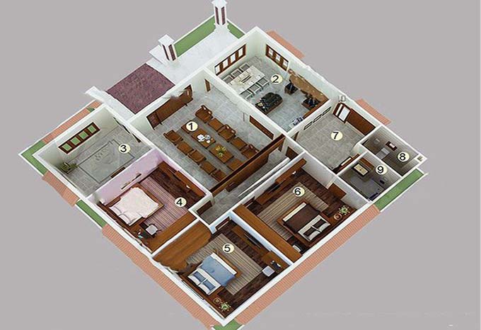 mẫu nhà 1 tầng 3 phòng ngủ 1 phòng thờ