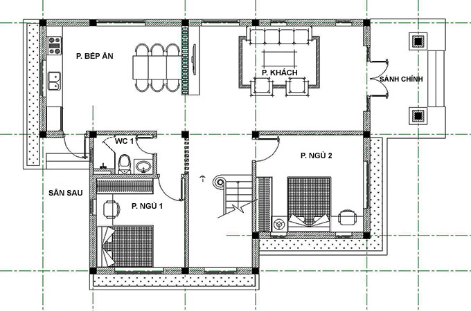 mẫu nhà biệt thự mini 2 tầng 9x12m mặt bằng tầng 1
