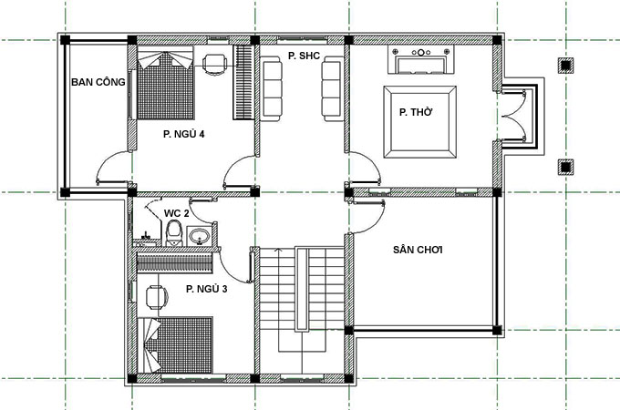 mẫu nhà biệt thự mini 2 tầng 9x12m mặt bằng tầng 2