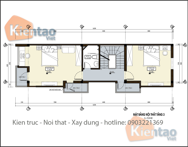 Tầng 3 - Thiết kế nhà phố lô góc 4 tầng 4x15m tại Hưng Yên - NP 03