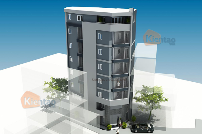 Phối cảnh góc 1 - Thiết kế nhà trọ cho thuê 7 tầng kiểu chung cư mini ở Khương Trung HN - NP 24