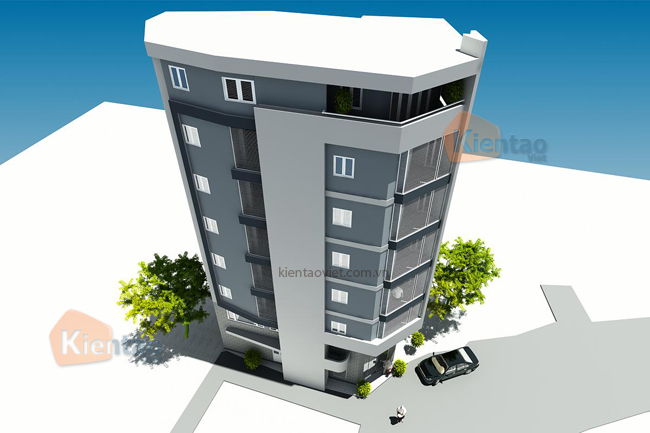 Phối cảnh góc 2 - Thiết kế nhà trọ cho thuê 7 tầng kiểu chung cư mini ở Khương Trung HN - NP 24