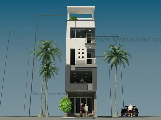 Phối cảnh chính diện - Thiết kế nhà lô phố 5 tầng 67m2 có sân trước tại Quỳnh Lôi HN - NP 11