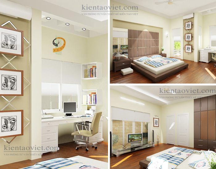 Phòng ngủ gia chủ được thiết kế đơn giản với đầy đủ công năng