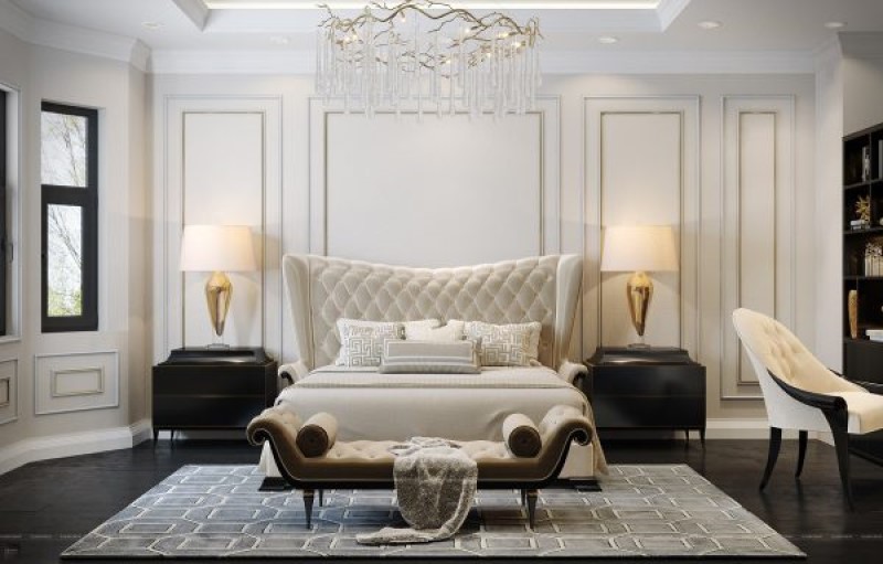 Thiết kế phòng ngủ phong cách tân cổ điển tinh tế với gam màu trắng