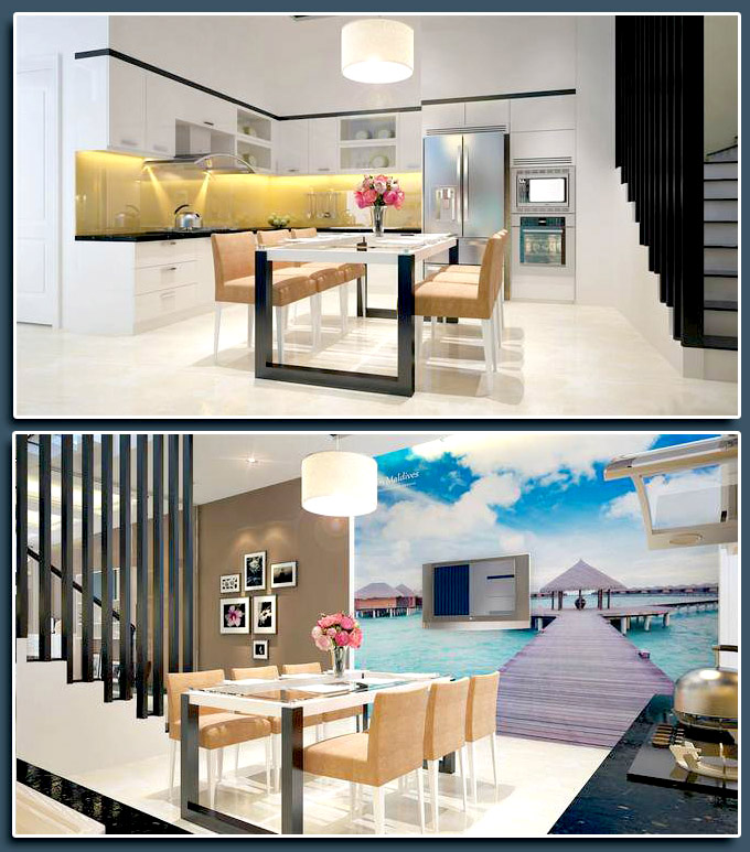 Tư vấn thiết kế nhà đẹp, Phối cảnh thiết kế nội thất phòng bếp+ăn, Công trình nhà đẹp biệt thự 3 tầng 60m2