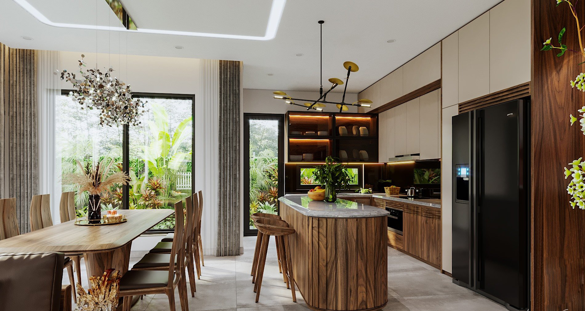 Không gian bếp hiện đại với tone màu nâu gỗ tự nhiên
