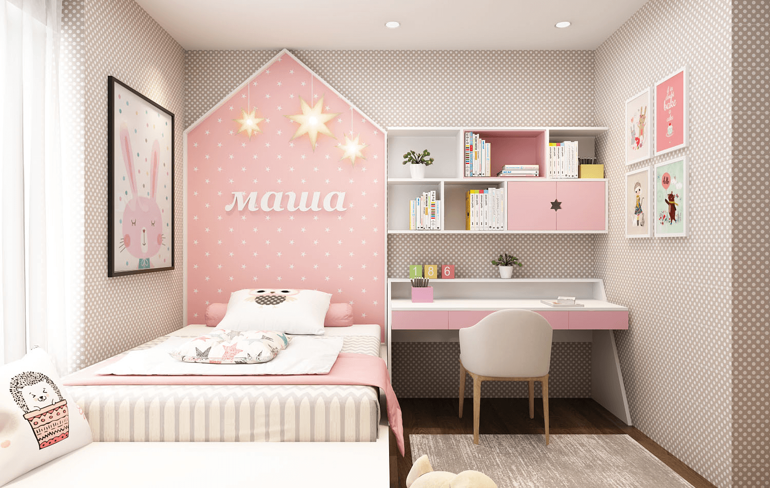 Phòng ngủ con gái tone màu hồng