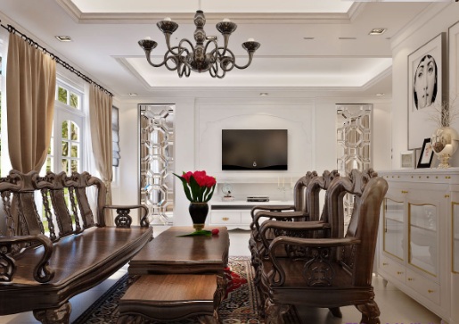 Thiết kế nội thất tông trắng kết hợp đồ gỗ mang đến vẻ đẹp sang trọng, nổi bật cho phòng khách
