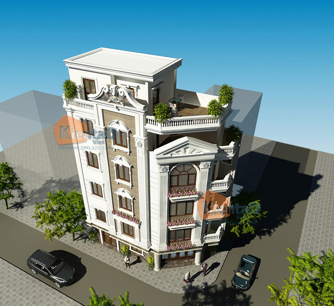 Phối cảnh góc - Thiết kế nhà phố lô góc 4,4x11,8m cao 6 tầng kiểu Pháp - NP 94