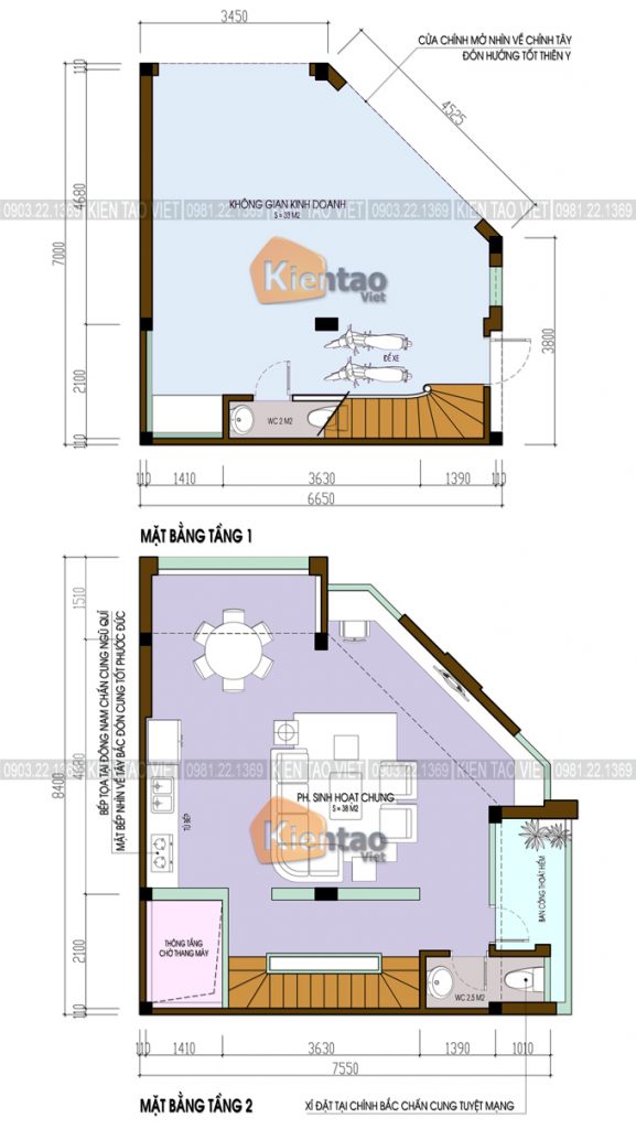 Bản vẽ mặt bằng tầng 1+2 - Mẫu thiết kế nhà lô góc phố 4 tầng 41,5m2 chi phí 970 triệu ở Hà Đông - NP 106