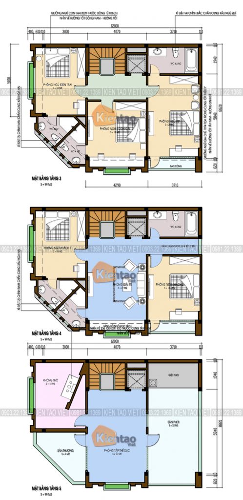 Mặt bằng tầng 3+4+5 - Thiết kế nhà lô góc phố 5 tầng 8x11m chi phí 2,5 tỷ tại Bắc Ninh - NP 109