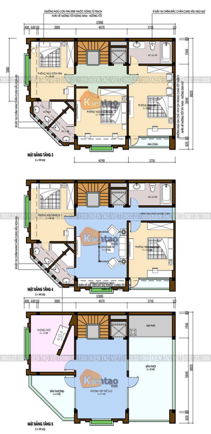 Mặt bằng tầng 3+4+5 - Thiết kế nhà lô góc phố 5 tầng 8x11m chi phí 2,5 tỷ tại Bắc Ninh - NP 121