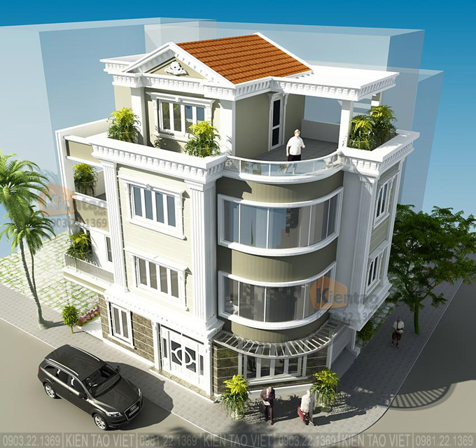 Phối cảnh 1 - Mẫu thiết  kế nhà phố lô góc 7x13,5m cao 3 tầng tại Hải Dương