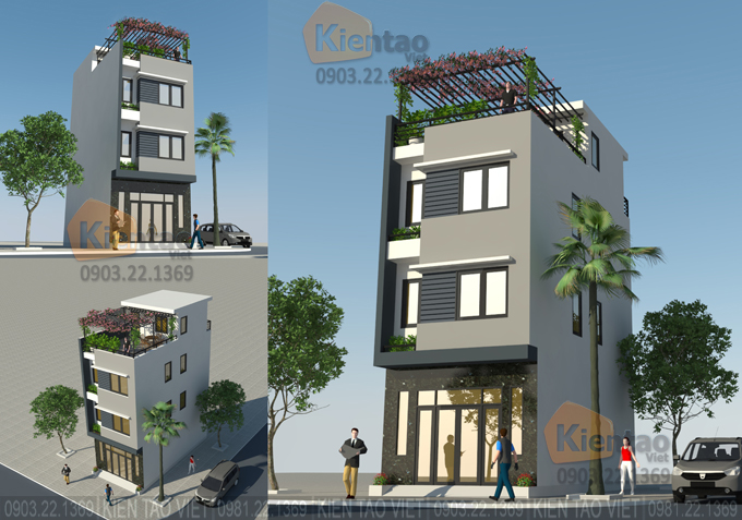 Phối cảnh góc mẫu thiết kế nhà phố 5,1x10,6m cao 3,5 tầng tại Từ Liêm - Hà Nội