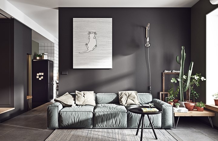 Phòng khách nhà biệt thự trang trí giản dị với tone màu xám 