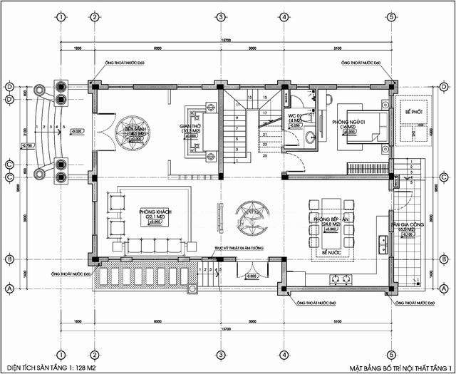 Mẫu thiết kế biệt thự cao 3 tầng tân cổ điển Pháp - Mặt bằng tầng 1