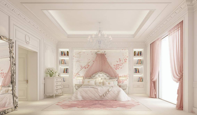 Phối cảnh phòng ngủ con gái mẫu thiết kế biệt thự tân cổ đẹp ở Nghệ An