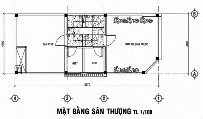 Thiết kế nhà phố 2 tầng tại Hồ Chí Minh 4x11m - MB tầng thượng