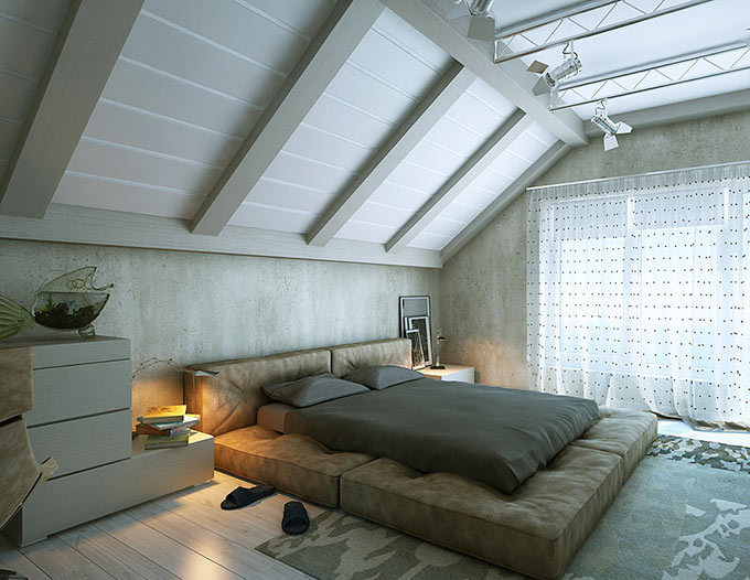 Phòng ngủ tầng gác mái với tone màu nhã nhặn