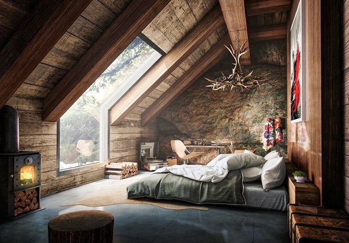 Phòng ngủ với mái làm từ chất liệu gỗ tự nhiên