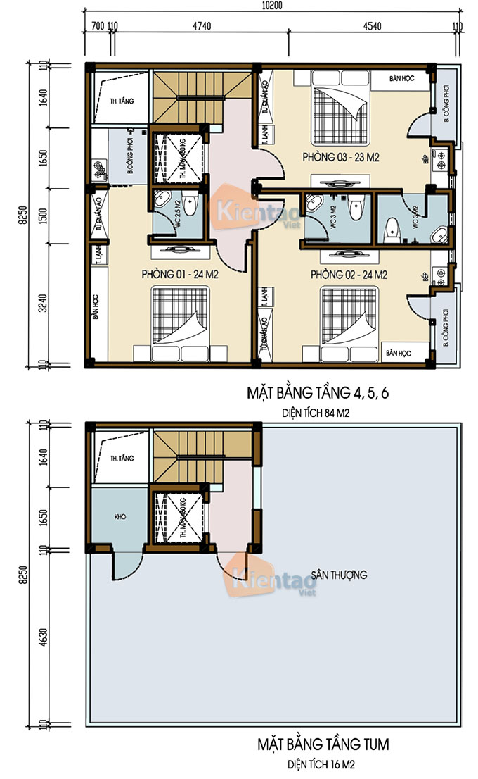 Mặt bằng các tầng 4,5,6,tum - Thiết kế chung cư mini 6 tầng