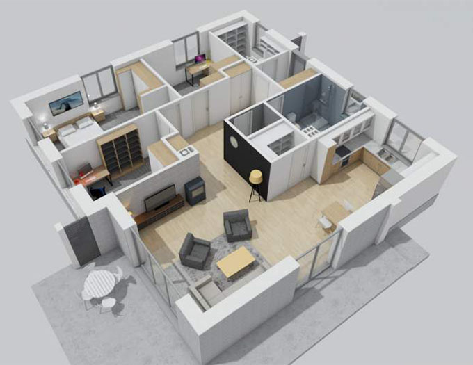 Mặt bằng 3D thiết kế nhà cấp 4 3 phòng ngủ diện tích 100m2