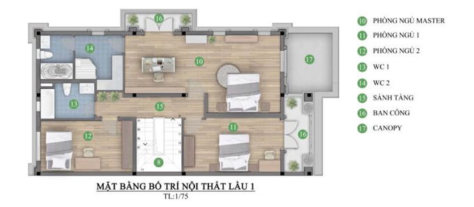 Mặt bằng công năng tầng 2 biệt thự 3 tầng hiện đại mái thái 4 phòng ngủ