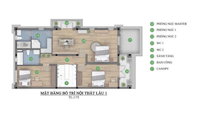 Mặt bằng công năng tầng 2 biệt thự 3 tầng hiện đại mái thái 4 phòng ngủ