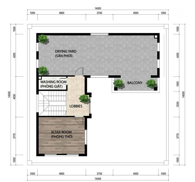 Mặt bằng công năng tầng 3 biệt thự mái thái 3 tầng hiện đại 3 phòng ngủ