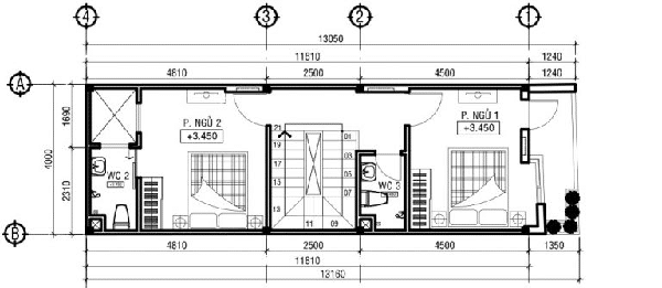 Thiết kế nhà ống 3 tầng 4x14m - Mặt bằng tầng 2