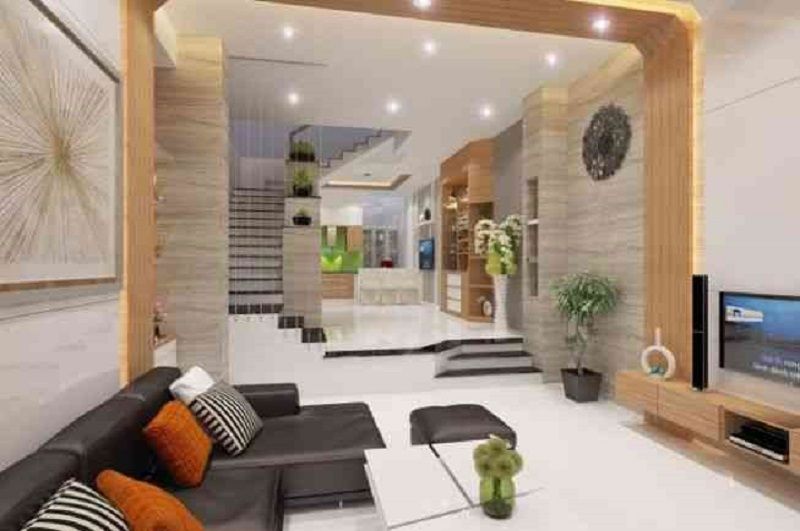 6. Thiết kế nội thất phòng khách theo phong cách tân cổ điển kết hợp cầu thang sắt nghệ thuật sơn màu trăng