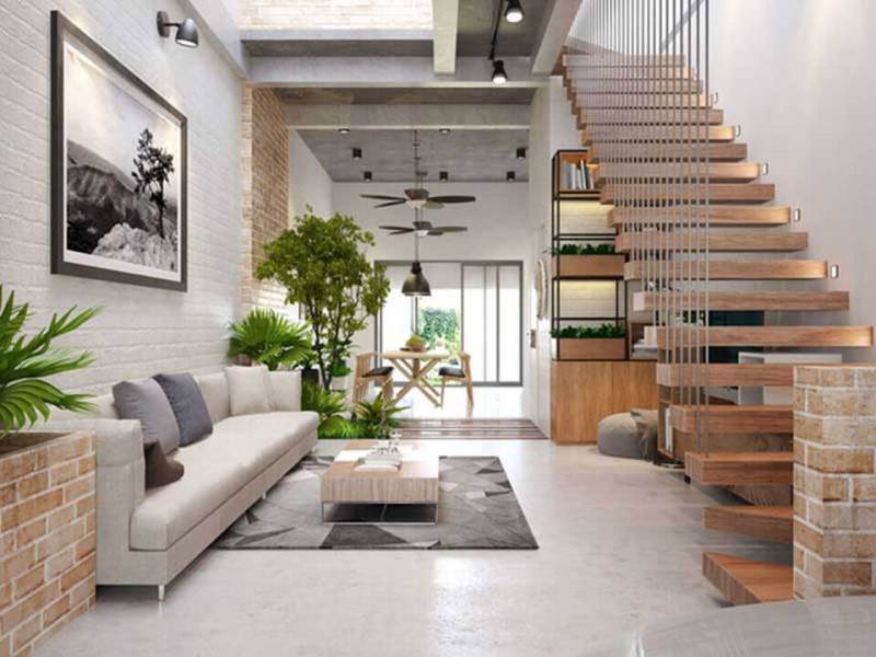 Cầu thang bằng gỗ, cầu thang treo có trọng lượng nhẹ đang là xu hướng lựa chọn khi thiết kế phòng khách