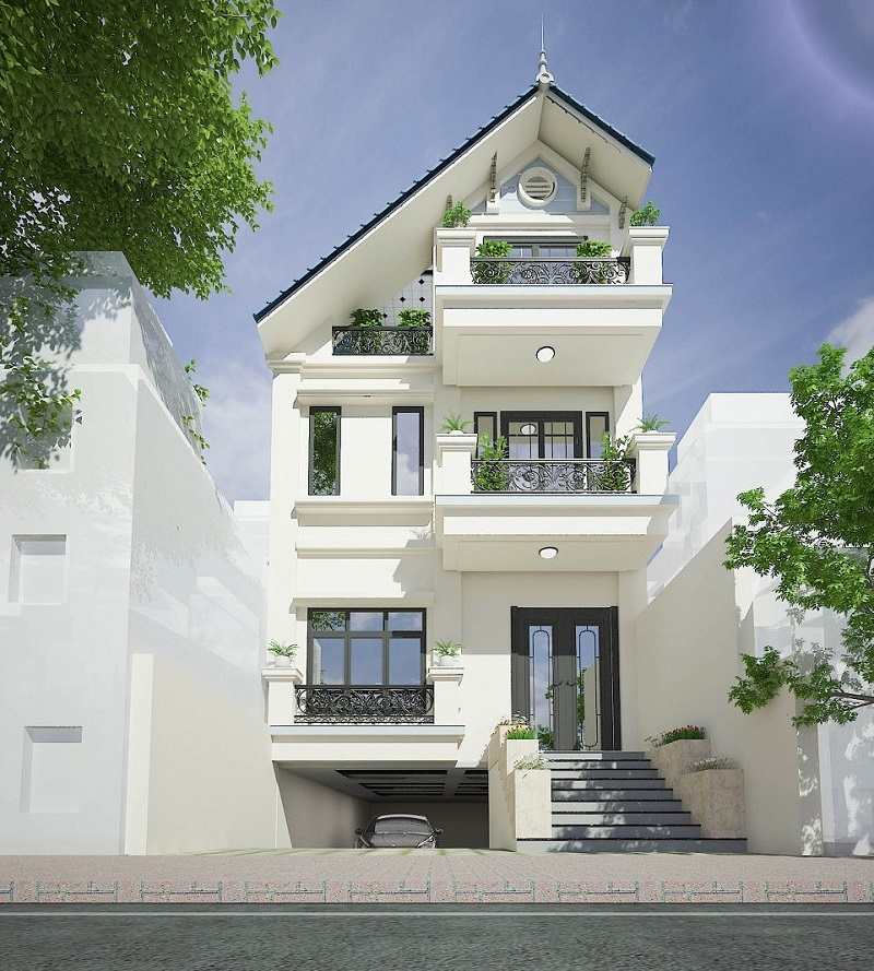 Thiết kế nhà 3 tầng kiểu mái lệch trang nhã với gam màu trắng