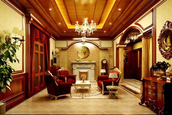Mẫu phòng khách trần gỗ mang nhiều phong cách quý tộc