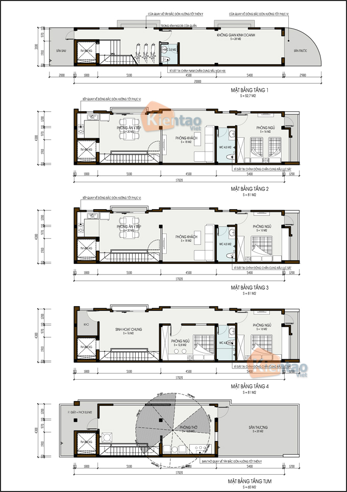 Mẫu Nhà Ống 2 Mặt Tiền 4.5 Tầng 3x17m Tại Lào Cai – Mặt Bằng Tầng 1+2+3+4+Tum