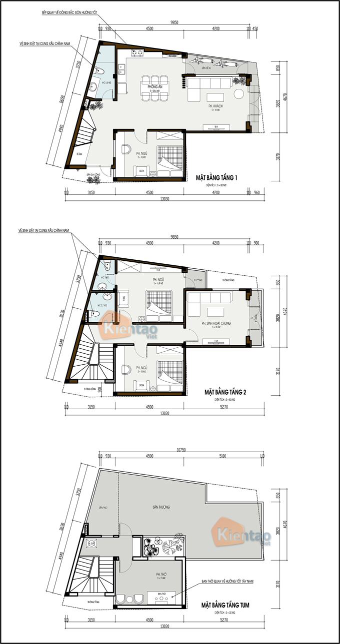 Mẫu Nhà Ống Đất Méo 2.5 Tầng 85m2 Tại Tiền Hải, Thái Bình – Mặt Bằng Tầng 1+2+Tum