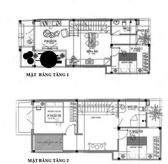 Mặt bằng thiết kế nhà ống 2 tầng 5x12m