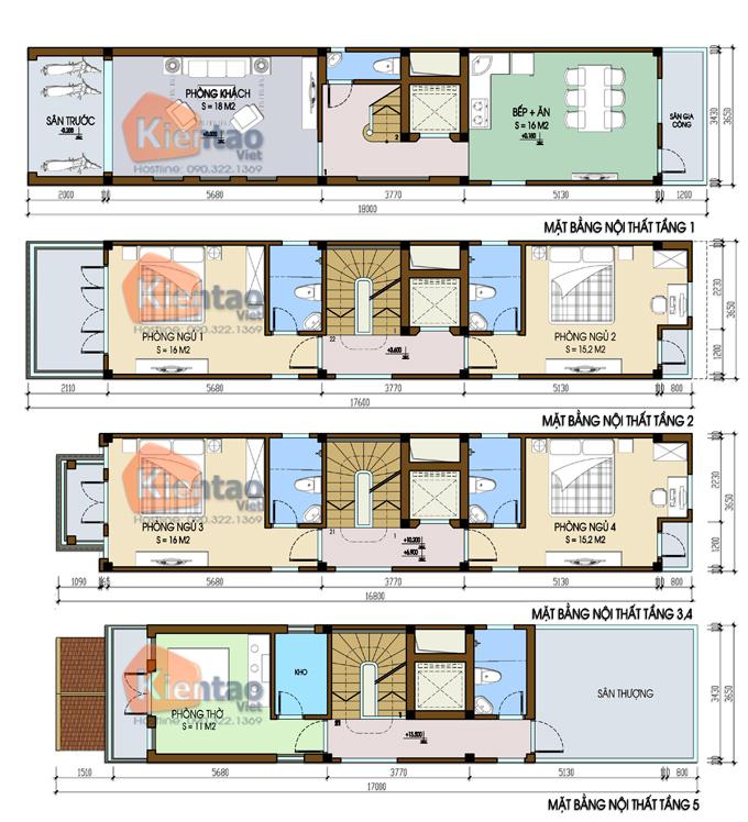 Công năng nhà kiểu ống 5 tầng 3.6x18m